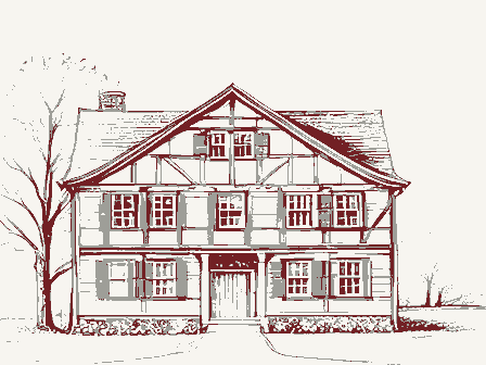Decorative drawing: the front elevation of a nineteenth-century American timber-framed building, its clapboards,.... Not a photograph of this place.
