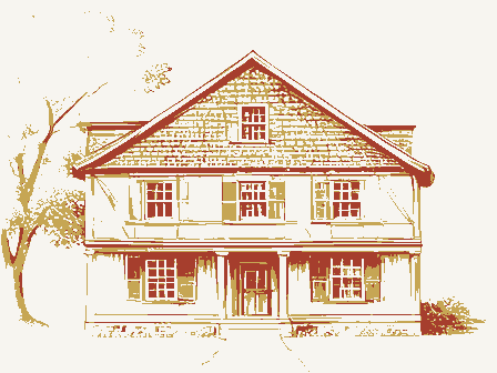 Decorative drawing: the front elevation of a nineteenth-century American timber-framed building, its clapboards,.... Not a photograph of this place.