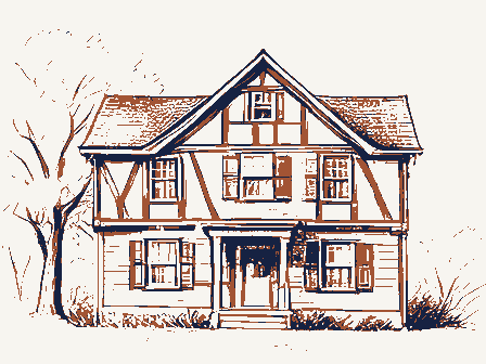 Decorative drawing: the front elevation of a nineteenth-century American timber-framed building, its clapboards,.... Not a photograph of this place.