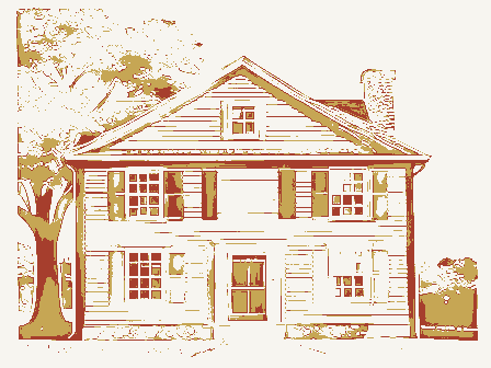 Decorative drawing: the front elevation of a nineteenth-century American timber-framed building, its clapboards,.... Not a photograph of this place.