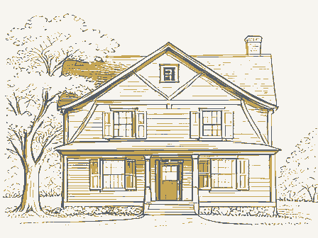 Decorative drawing: the front elevation of a nineteenth-century American timber-framed building, its clapboards,.... Not a photograph of this place.