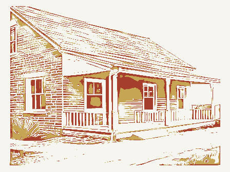 Decorative drawing: an old roadside tavern with a deep porch and an empty iron bracket. Not a photograph of this place.