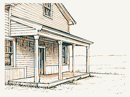 Decorative drawing: an old roadside tavern with a deep porch and an empty iron bracket. Not a photograph of this place.