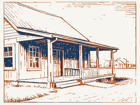 Decorative drawing: an old roadside tavern with a deep porch and an empty iron bracket. Not a photograph of this place.