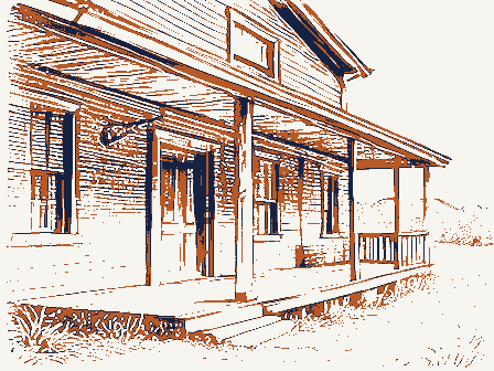 Decorative drawing: an old roadside tavern with a deep porch and an empty iron bracket. Not a photograph of this place.