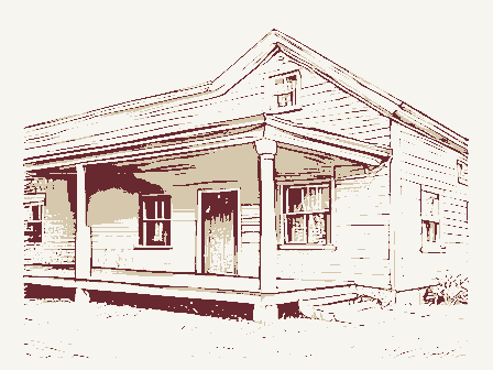 Decorative drawing: an old roadside tavern with a deep porch and an empty iron bracket. Not a photograph of this place.