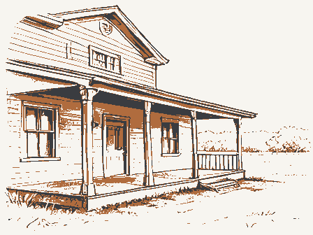 Decorative drawing: an old roadside tavern with a deep porch and an empty iron bracket. Not a photograph of this place.