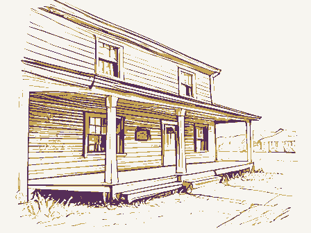 Decorative drawing: an old roadside tavern with a deep porch and an empty iron bracket. Not a photograph of this place.