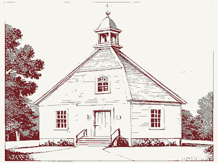 Decorative drawing: a one-room schoolhouse with a bell cupola. Not a photograph of this place.