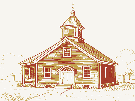 Decorative drawing: a one-room schoolhouse with a bell cupola. Not a photograph of this place.