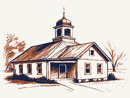 Decorative drawing: a one-room schoolhouse with a bell cupola. Not a photograph of this place.