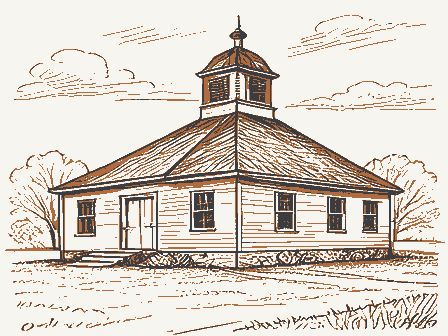 Decorative drawing: a one-room schoolhouse with a bell cupola. Not a photograph of this place.