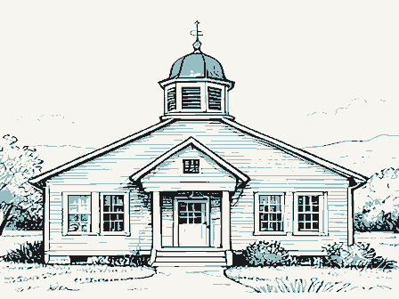 Decorative drawing: a one-room schoolhouse with a bell cupola. Not a photograph of this place.