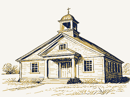 Decorative drawing: a one-room schoolhouse with a bell cupola. Not a photograph of this place.