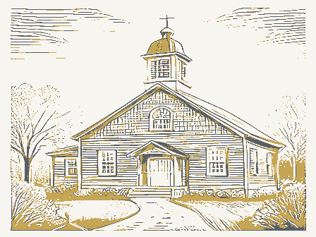 Decorative drawing: a one-room schoolhouse with a bell cupola. Not a photograph of this place.