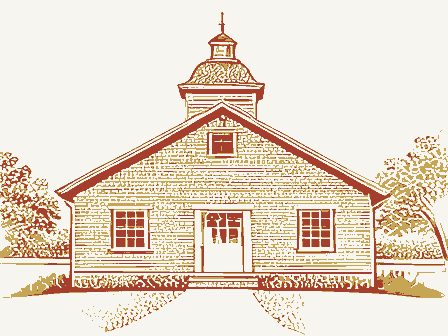Decorative drawing: a one-room schoolhouse with a bell cupola. Not a photograph of this place.