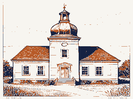 Decorative drawing: a one-room schoolhouse with a bell cupola. Not a photograph of this place.