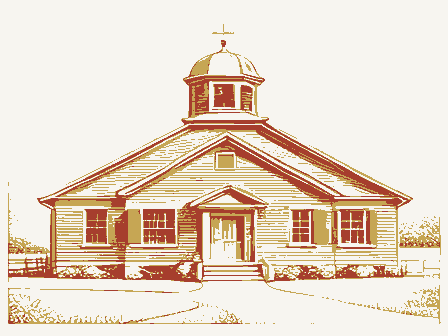 Decorative drawing: a one-room schoolhouse with a bell cupola. Not a photograph of this place.