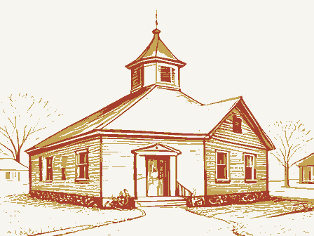 Decorative drawing: a one-room schoolhouse with a bell cupola. Not a photograph of this place.