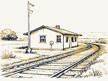 Decorative drawing: a small railway station beside the track, with a signal post. Not a photograph of this place.