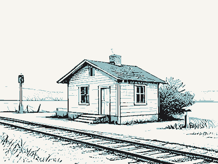 Decorative drawing: a small railway station beside the track, with a signal post. Not a photograph of this place.