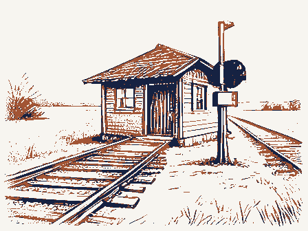 Decorative drawing: a small railway station beside the track, with a signal post. Not a photograph of this place.