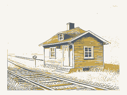 Decorative drawing: a small railway station beside the track, with a signal post. Not a photograph of this place.