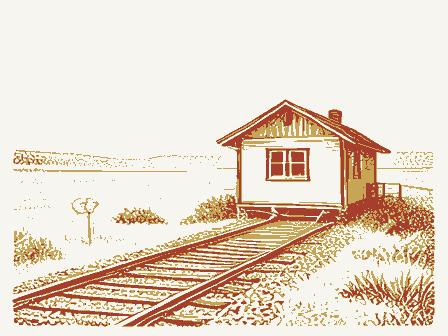 Decorative drawing: a small railway station beside the track, with a signal post. Not a photograph of this place.