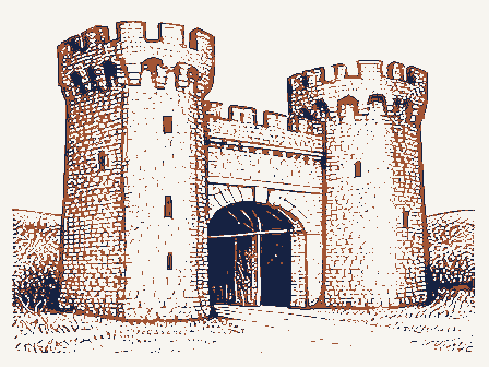 Decorative drawing: a fortress-like armory with crenellated towers. Not a photograph of this place.