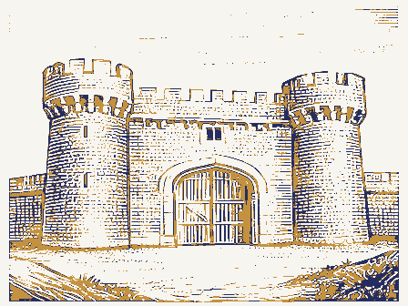 Decorative drawing: a fortress-like armory with crenellated towers. Not a photograph of this place.