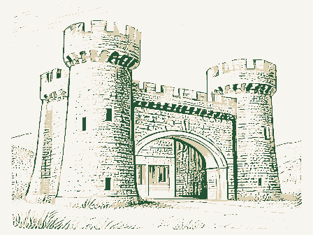 Decorative drawing: a fortress-like armory with crenellated towers. Not a photograph of this place.