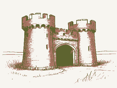 Decorative drawing: a fortress-like armory with crenellated towers. Not a photograph of this place.