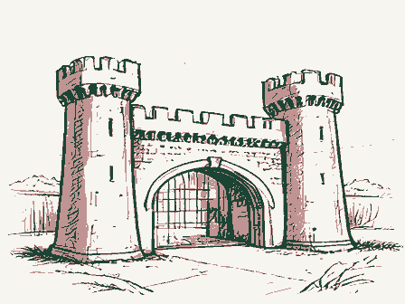 Decorative drawing: a fortress-like armory with crenellated towers. Not a photograph of this place.