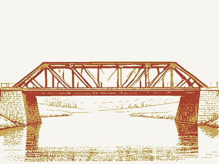 Decorative drawing: a timber truss bridge spanning a river on stone piers, side elevation. Not a photograph of this place.
