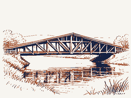 Decorative drawing: a timber truss bridge spanning a river on stone piers, side elevation. Not a photograph of this place.