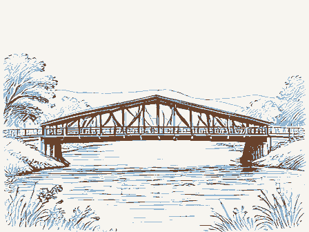 Decorative drawing: a timber truss bridge spanning a river on stone piers, side elevation. Not a photograph of this place.