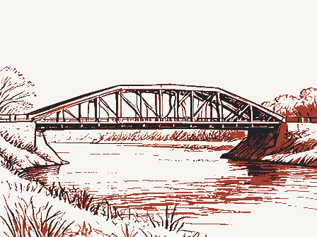 Decorative drawing: a timber truss bridge spanning a river on stone piers, side elevation. Not a photograph of this place.