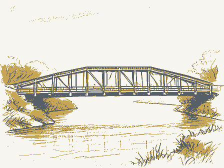 Decorative drawing: a timber truss bridge spanning a river on stone piers, side elevation. Not a photograph of this place.