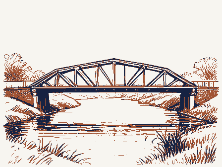 Decorative drawing: a timber truss bridge spanning a river on stone piers, side elevation. Not a photograph of this place.