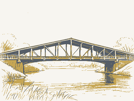 Decorative drawing: a timber truss bridge spanning a river on stone piers, side elevation. Not a photograph of this place.