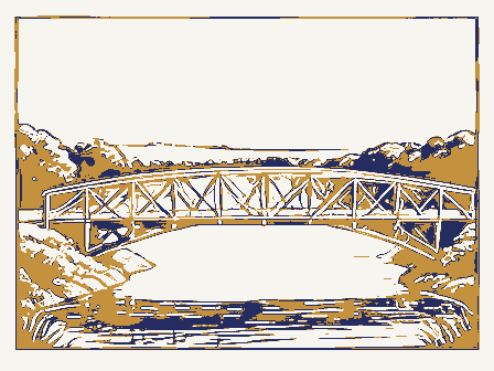 Decorative drawing: a timber truss bridge spanning a river on stone piers, side elevation. Not a photograph of this place.