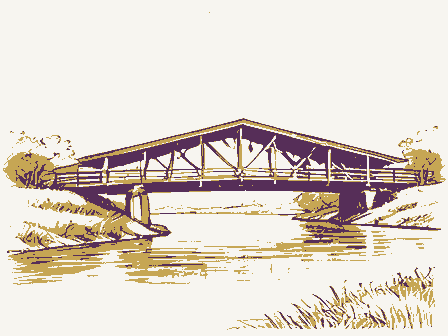 Decorative drawing: a timber truss bridge spanning a river on stone piers, side elevation. Not a photograph of this place.