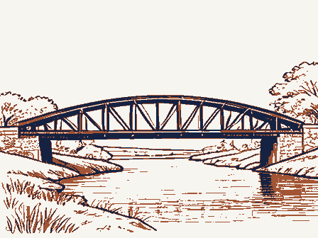 Decorative drawing: a timber truss bridge spanning a river on stone piers, side elevation. Not a photograph of this place.