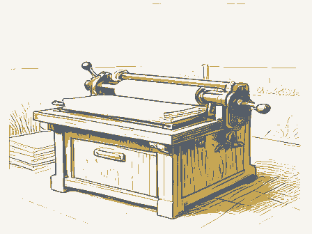 Decorative drawing: a hand-operated flatbed printing press in a small workshop, its lever, bed and ink rollers,.... Not a photograph of this place.