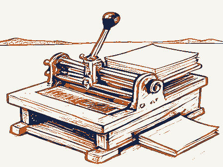 Decorative drawing: a hand-operated flatbed printing press in a small workshop, its lever, bed and ink rollers,.... Not a photograph of this place.