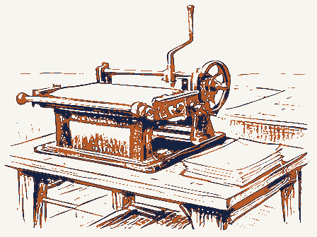 Decorative drawing: a hand-operated flatbed printing press in a small workshop, its lever, bed and ink rollers,.... Not a photograph of this place.
