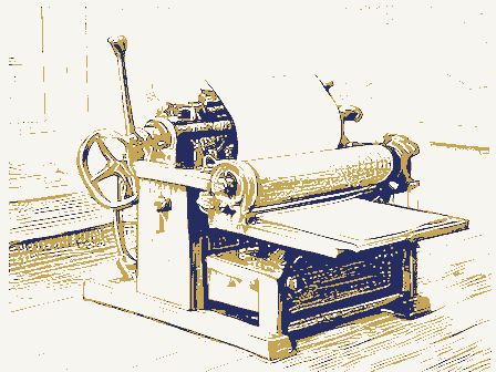 Decorative drawing: a hand-operated flatbed printing press in a small workshop, its lever, bed and ink rollers,.... Not a photograph of this place.