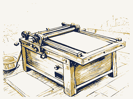 Decorative drawing: a hand-operated flatbed printing press in a small workshop, its lever, bed and ink rollers,.... Not a photograph of this place.