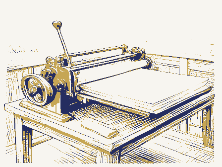 Decorative drawing: a hand-operated flatbed printing press in a small workshop, its lever, bed and ink rollers,.... Not a photograph of this place.
