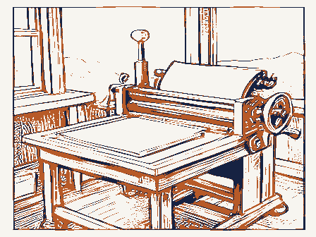 Decorative drawing: a hand-operated flatbed printing press in a small workshop, its lever, bed and ink rollers,.... Not a photograph of this place.